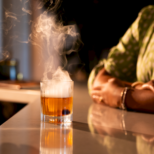 A glass of steaming beer on a bar counter, wisps of steam rising, and a person in the background wearing a green patterned sleeve, hands resting.